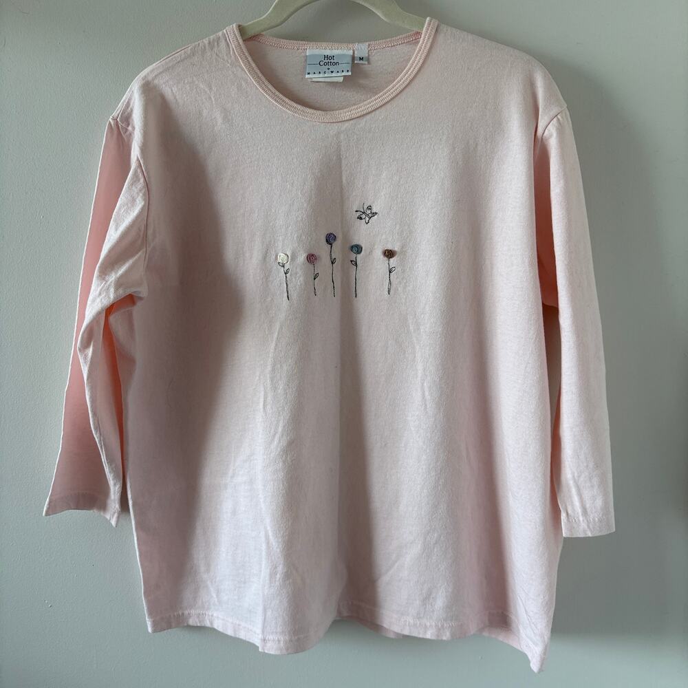100% Cotton Pink Womens Tee Size M 3/4 Sleeve 3D Embroidery Floral Butterfly